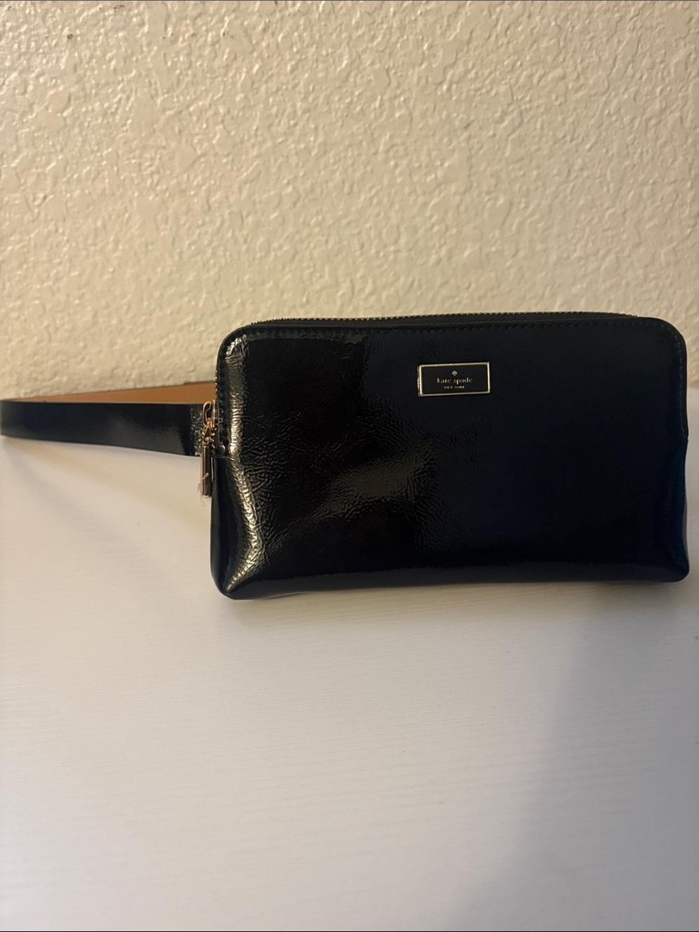 kate spade Black Patent Leather belt with Gold Logo Plaque